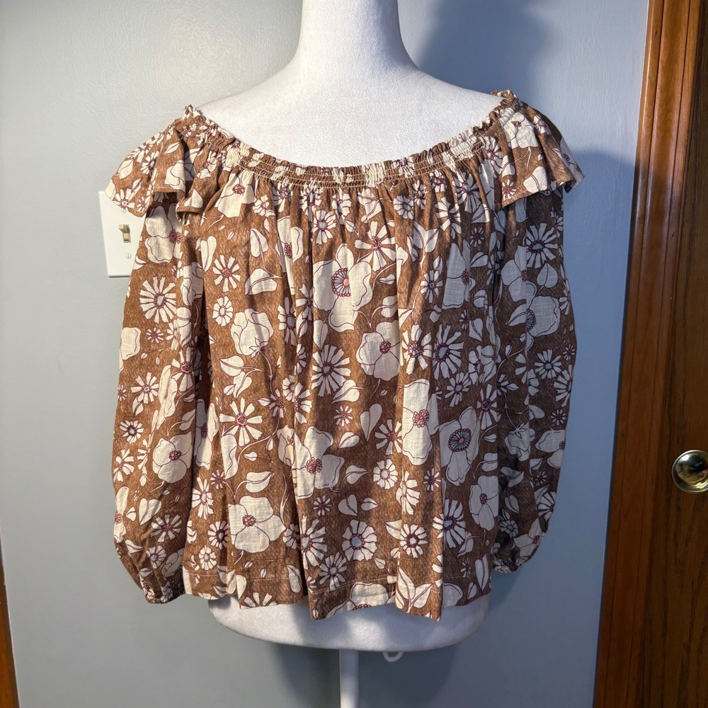 Free People Miss‎ Daisy 100% cotton Brown Floral Off Shoulder Smocked Blouse M